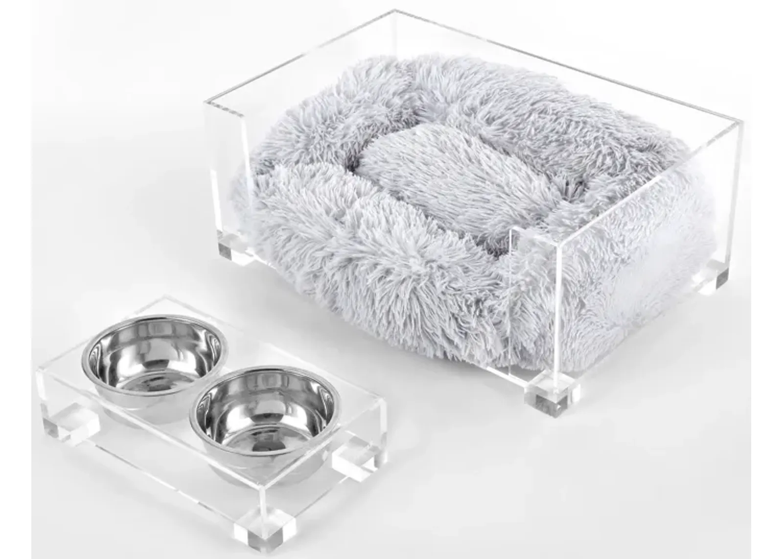 Billie Small Modern Lucite Calming Fluffy Pet Bed with Washable Cushion and Elevated Pet Feeder with 2-Stainless Steel Bowls (Set of 2)