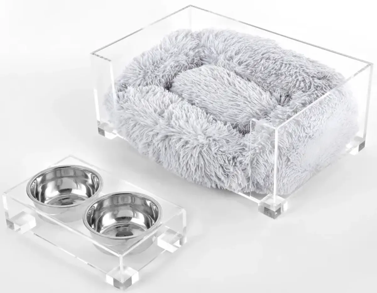 Billie Small Modern Lucite Calming Fluffy Pet Bed with Washable Cushion and Elevated Pet Feeder with 2-Stainless Steel Bowls (Set of 2)