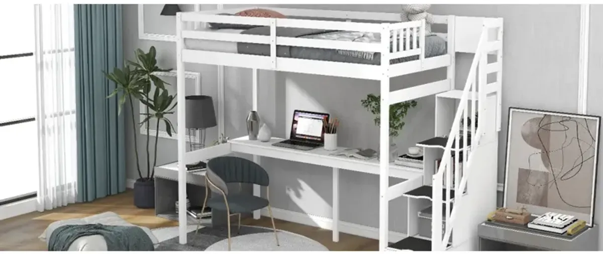 Twin Size Loft Bed With Storage Staircase And Built-In Desk