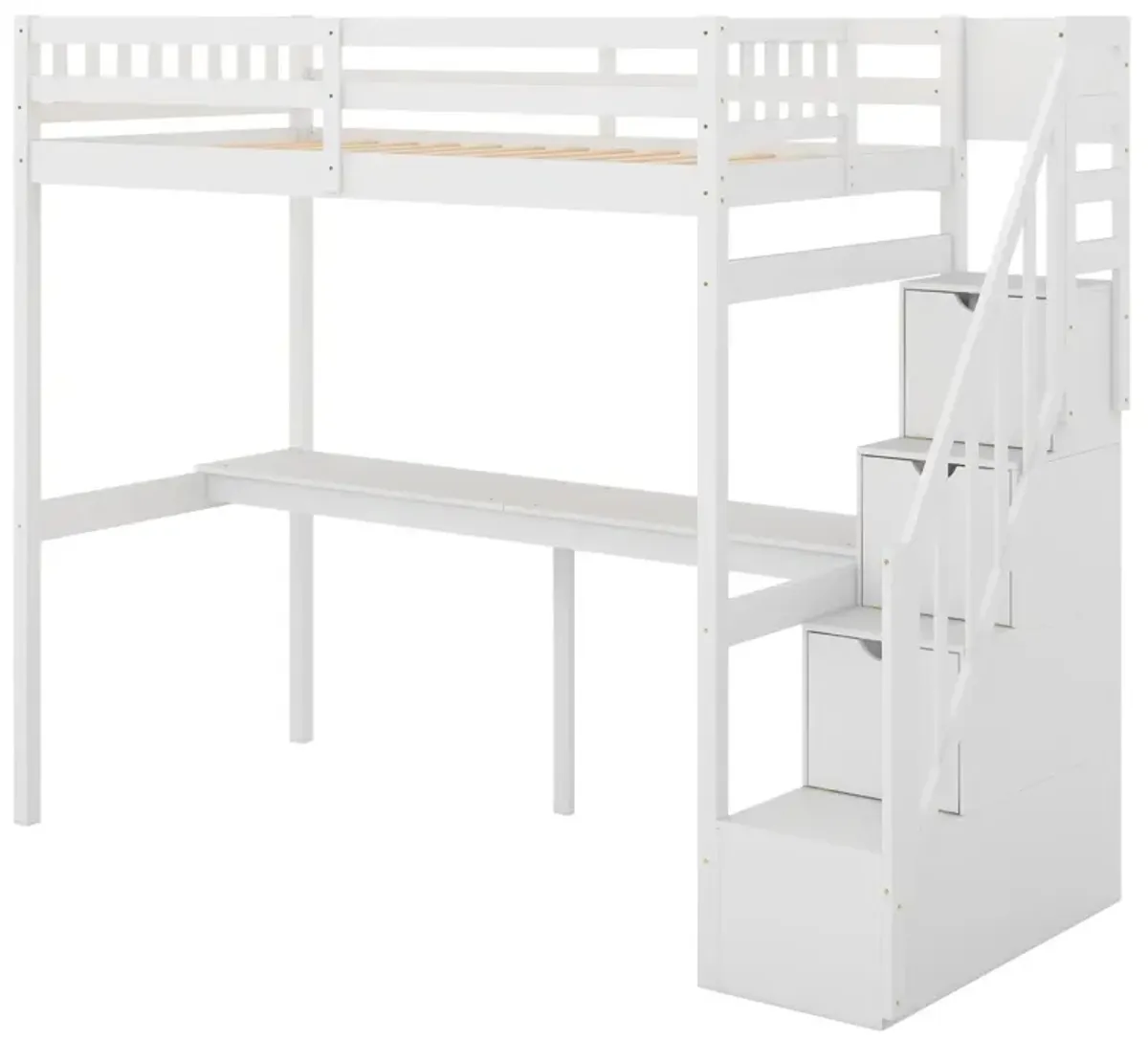 Twin Size Loft Bed With Storage Staircase And Built-In Desk