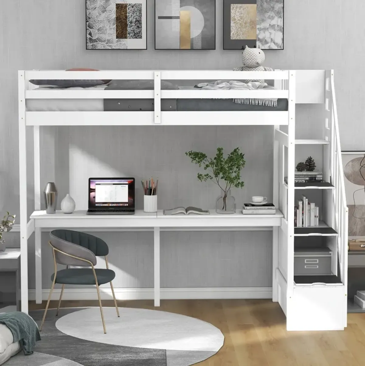 Twin Size Loft Bed With Storage Staircase And Built-In Desk