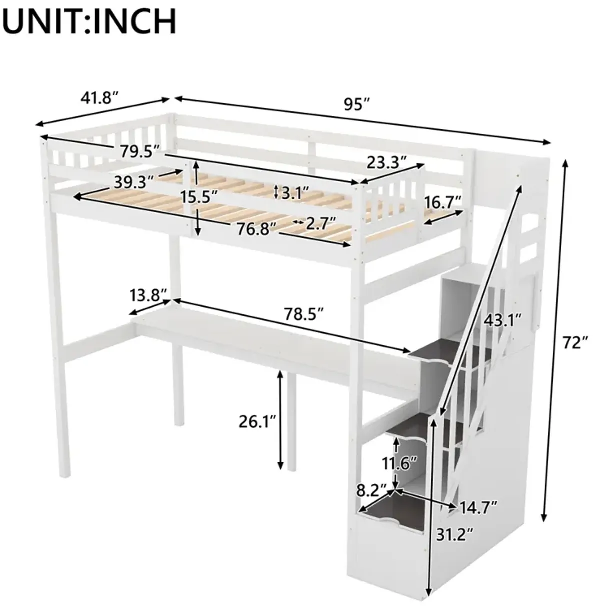 Twin Size Loft Bed With Storage Staircase And Built-In Desk