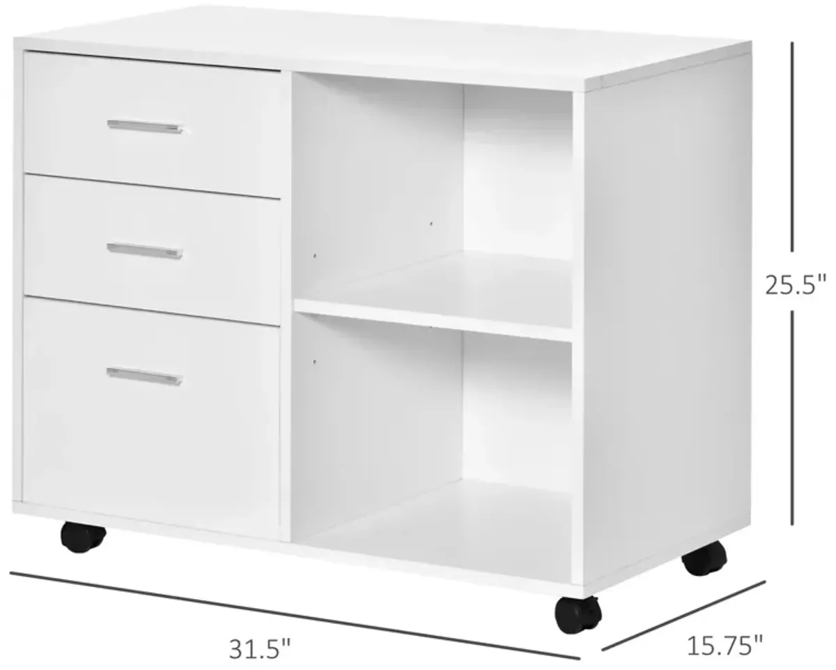 White Printer Organizer: Mobile Stand with Lateral File Cabinet