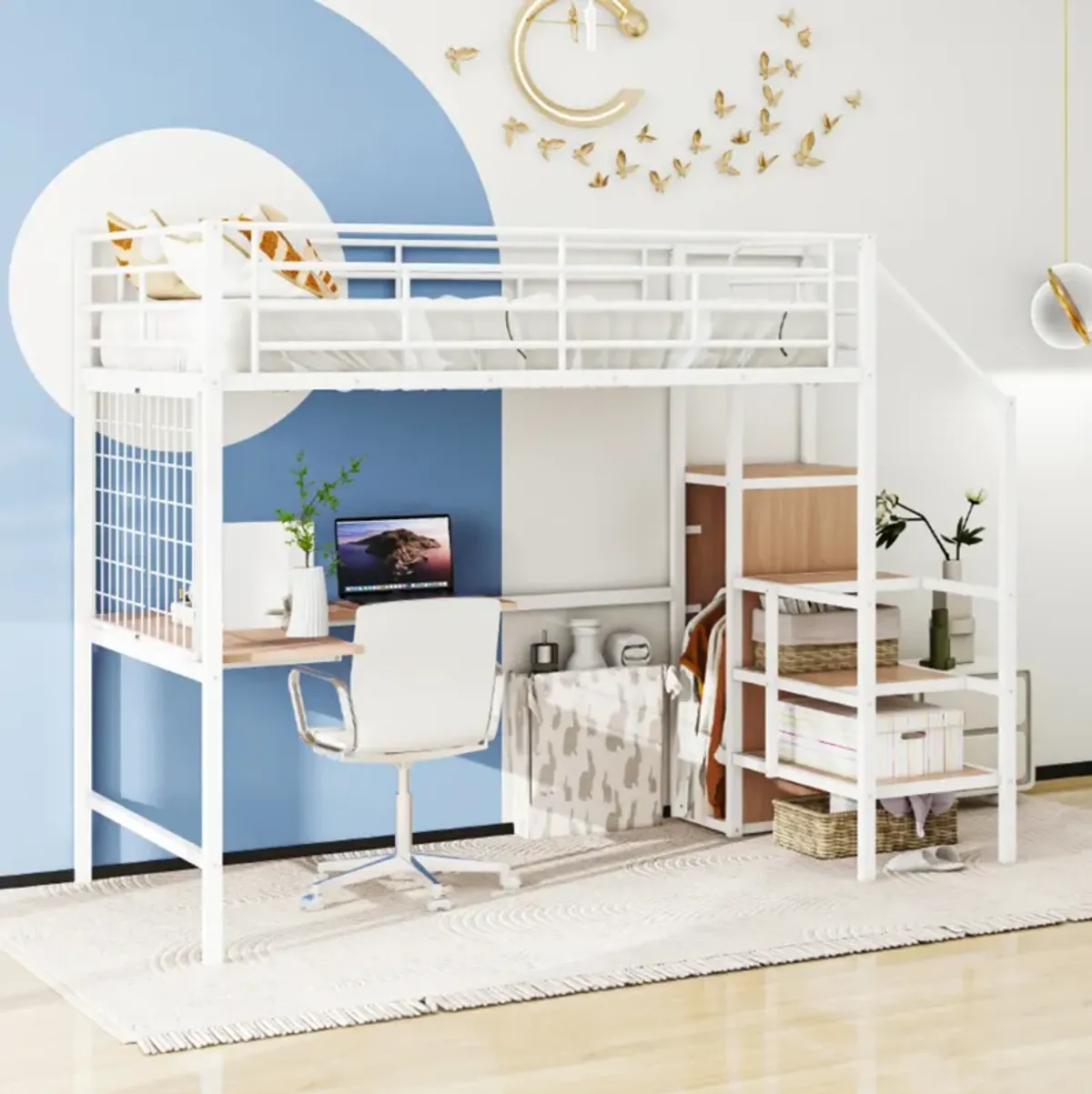 Merax  Metal Loft Bed with Desk and Wardrobe