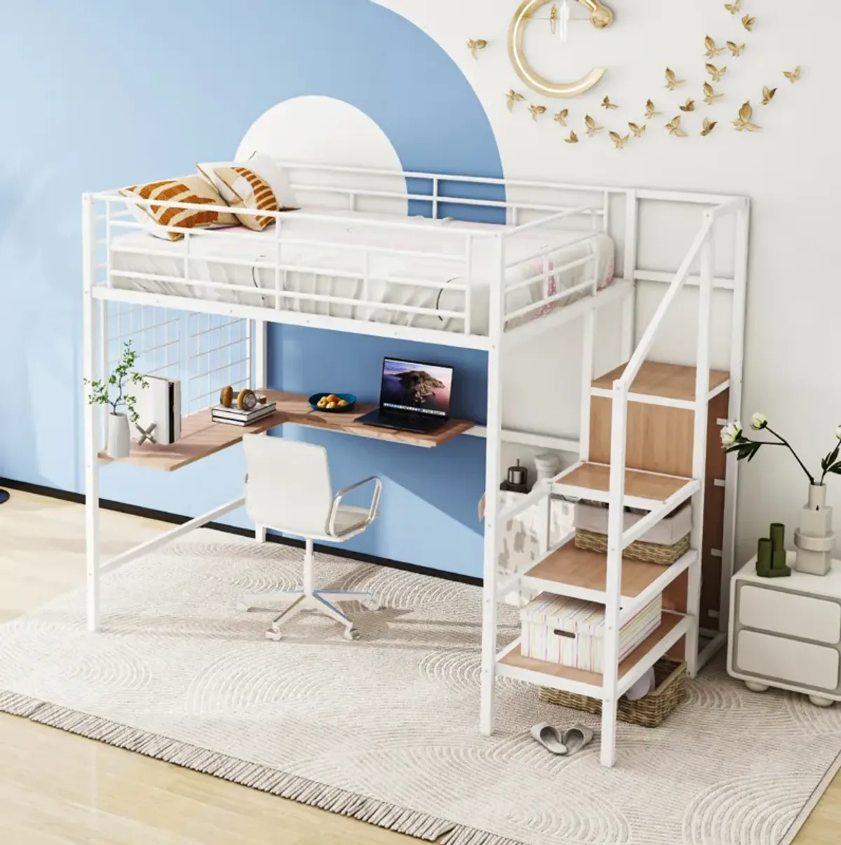 Merax  Metal Loft Bed with Desk and Wardrobe