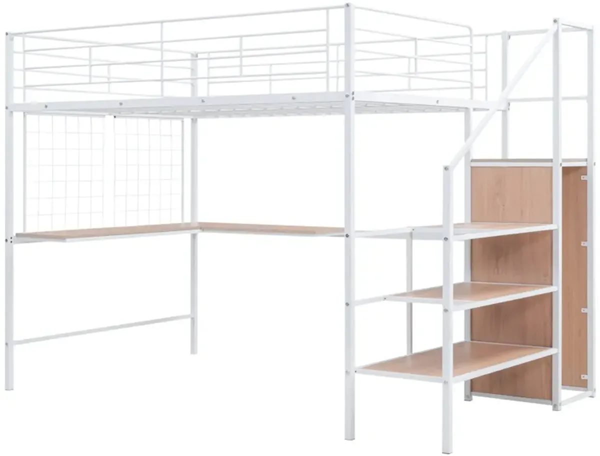 Merax  Metal Loft Bed with Desk and Wardrobe