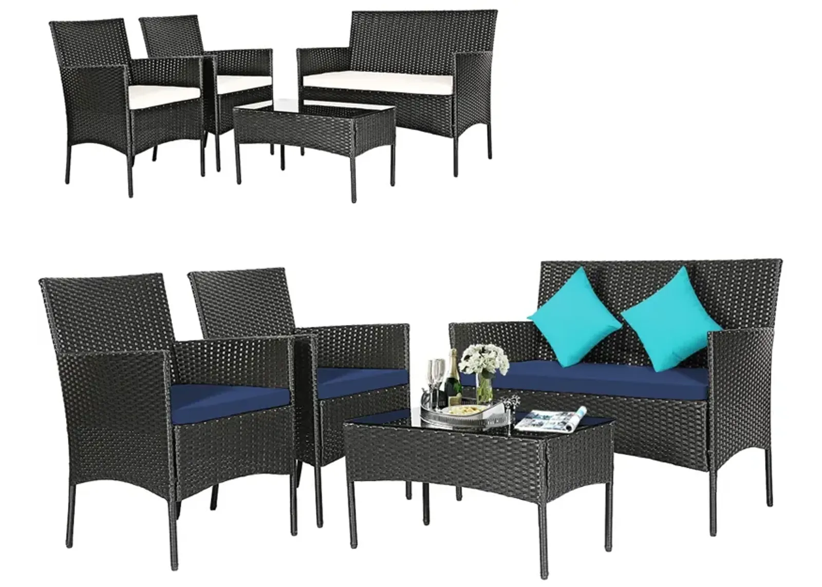 4 Pieces Patio Rattan Cushioned Sofa Set with Tempered Glass Coffee Table