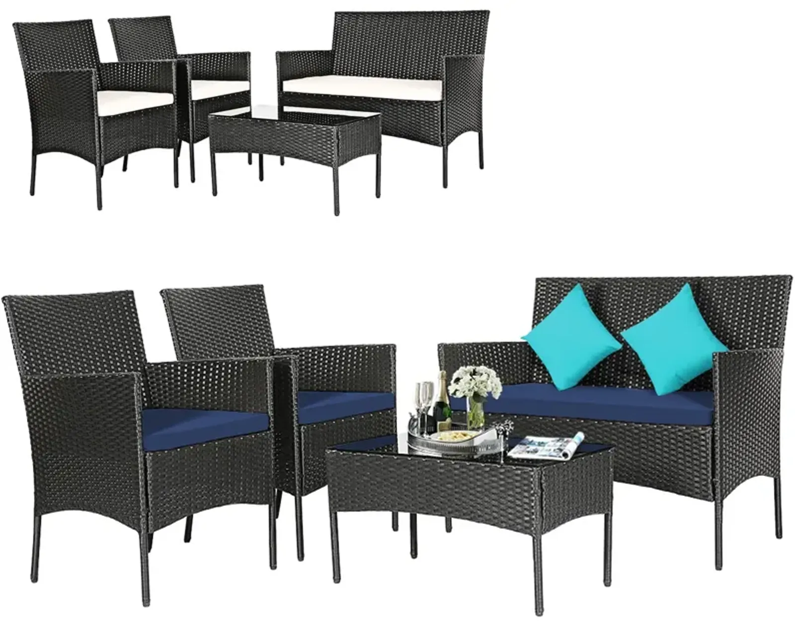 4 Pieces Patio Rattan Cushioned Sofa Set with Tempered Glass Coffee Table