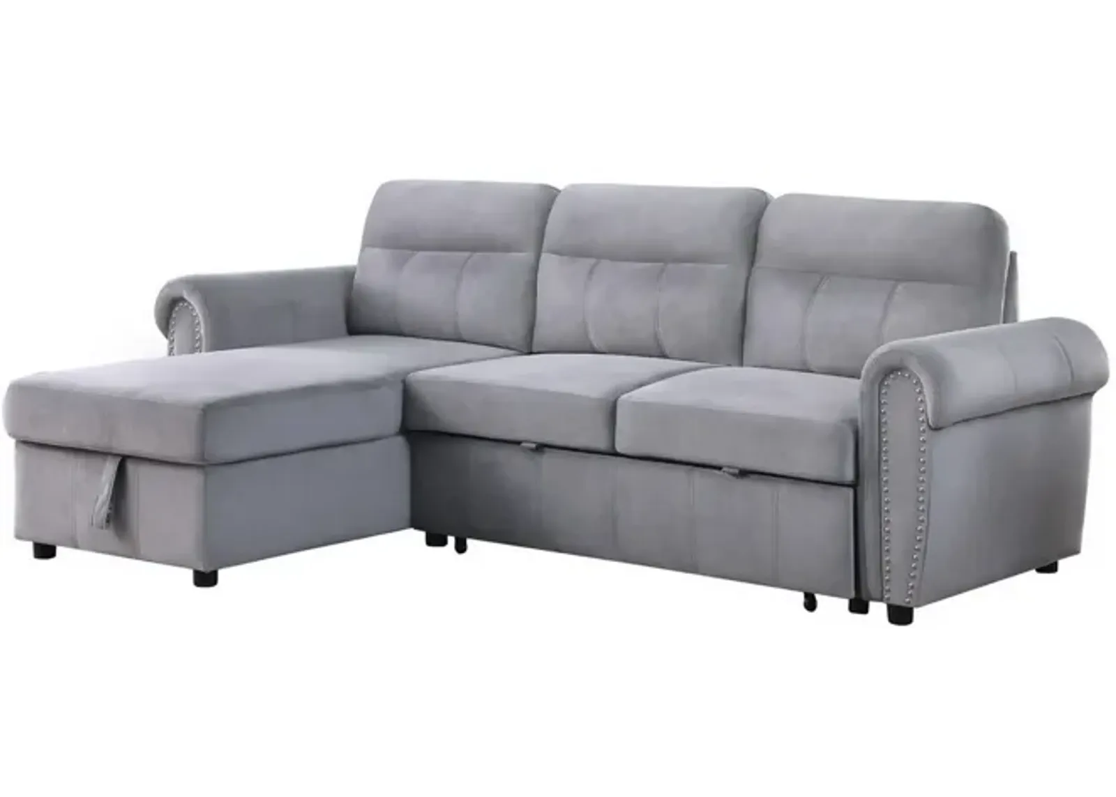 Irma 97 Inch 2 Piece Sectional Sofa, Pull Out Bed, Rolled Arm, Gray Velvet-Benzara