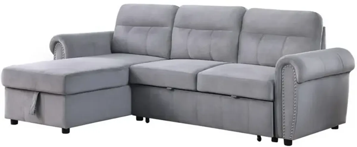 Irma 97 Inch 2 Piece Sectional Sofa, Pull Out Bed, Rolled Arm, Gray Velvet-Benzara