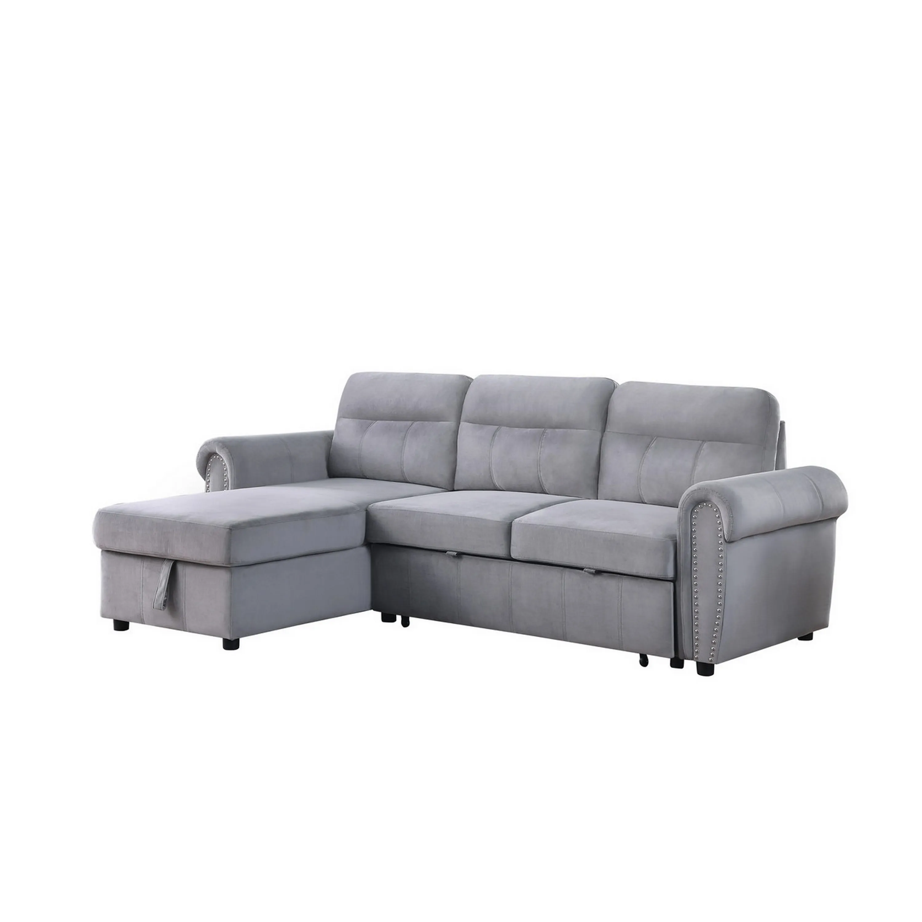 Irma 97 Inch 2 Piece Sectional Sofa, Pull Out Bed, Rolled Arm, Gray Velvet-Benzara