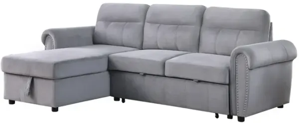 Irma 97 Inch 2 Piece Sectional Sofa, Pull Out Bed, Rolled Arm, Gray Velvet