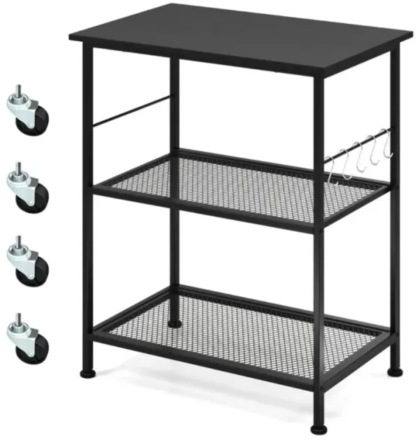 Hivvago 3-Tier Kitchen Serving Cart Utility Standing Microwave Rack with Hooks