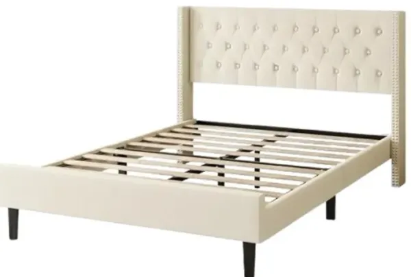 Queen Size Bed Frame, Upholstered Platform Bed With Wingback Headboard, Velvet Button Tufted, Easy Assembly, No Box Spring Needed, Beige