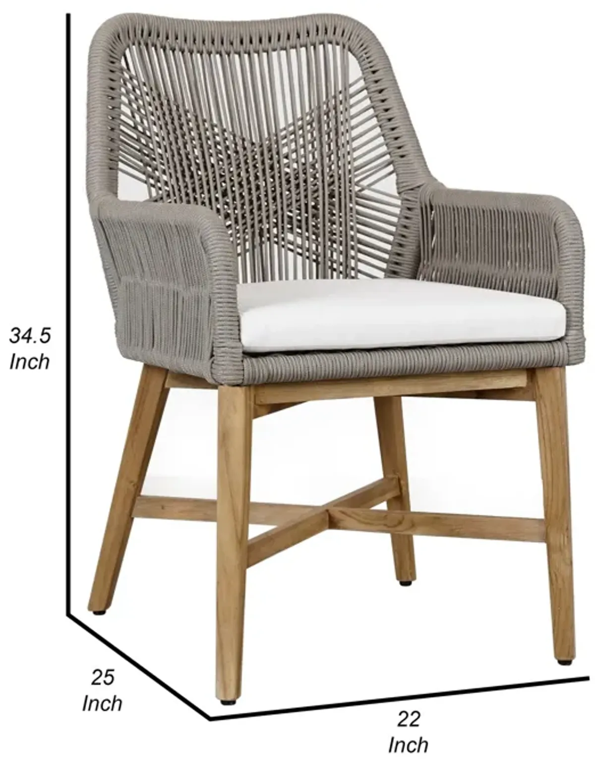 Navi 25 Inch Outdoor Dining Chair, Woven Rope, Ash Gray, Brown Teak Wood - Benzara