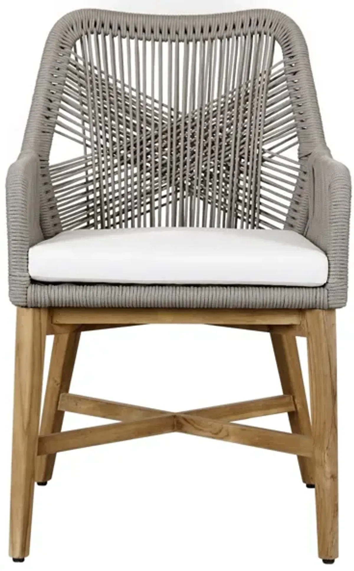 Navi 25 Inch Outdoor Dining Chair, Woven Rope, Ash Gray, Brown Teak Wood - Benzara