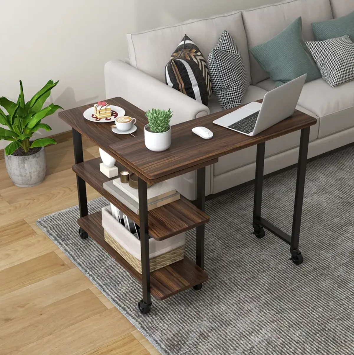 360� Rotating Sofa Side Table with Storage Shelves and Wheels