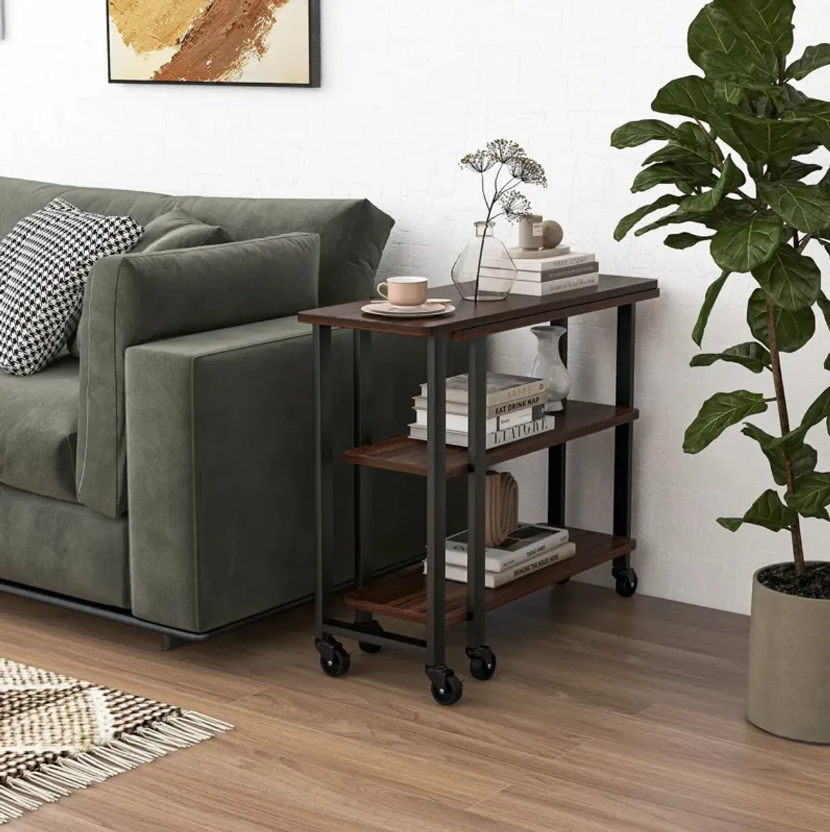 360� Rotating Sofa Side Table with Storage Shelves and Wheels