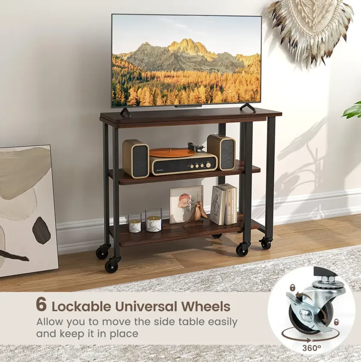 360� Rotating Sofa Side Table with Storage Shelves and Wheels