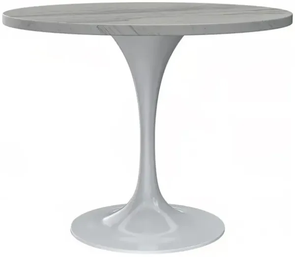 LeisureMod 36 Round Dining Table, White Base with Laminated White Marbleized Top