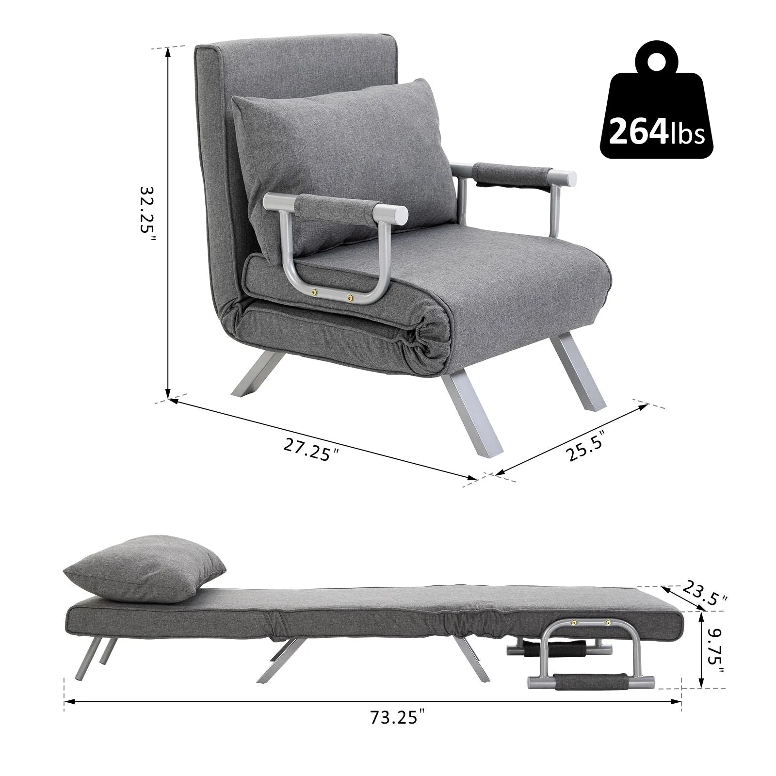 Light Grey Lounger: 5-Position Folding Convertible Sofa Bed