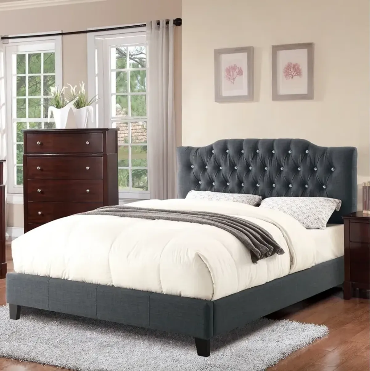 Modern Gorgeous Polyfiber Tufted Queen Size Bed 1 Piece Bed Frame Upholstered Headboard