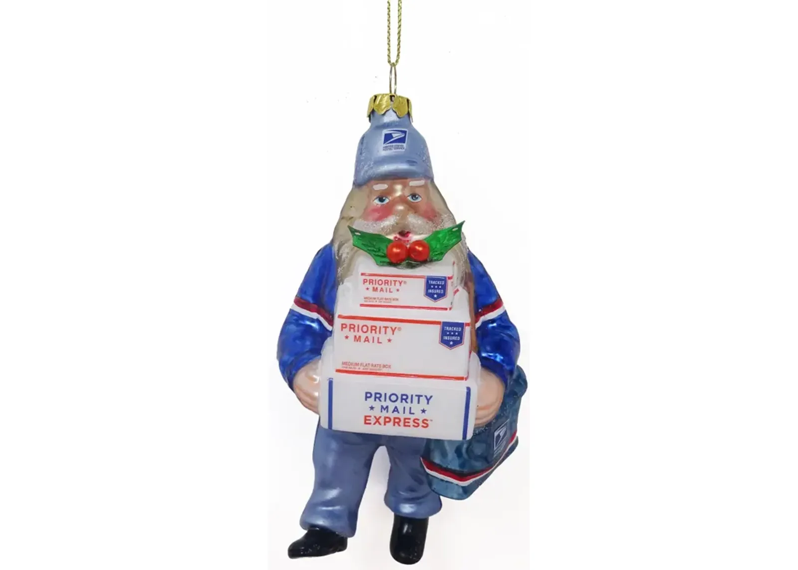 6" Busy Santa "USPS Priority" Mail Carrier Glass Christmas Ornament