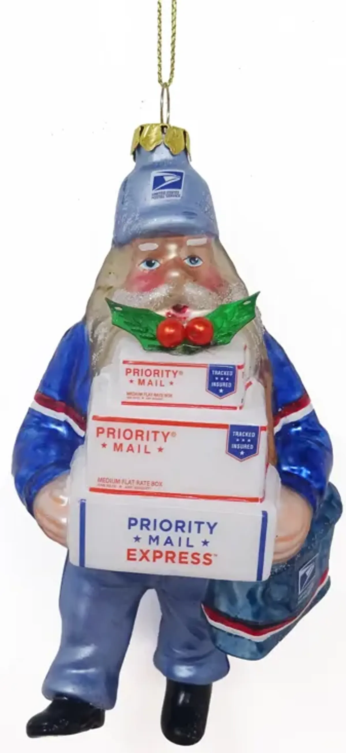 6" Busy Santa "USPS Priority" Mail Carrier Glass Christmas Ornament