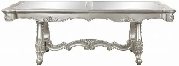 Bowe Dining Table, 90-114 Inch Mirrored Top, Champagne Silver Wood - Benzara