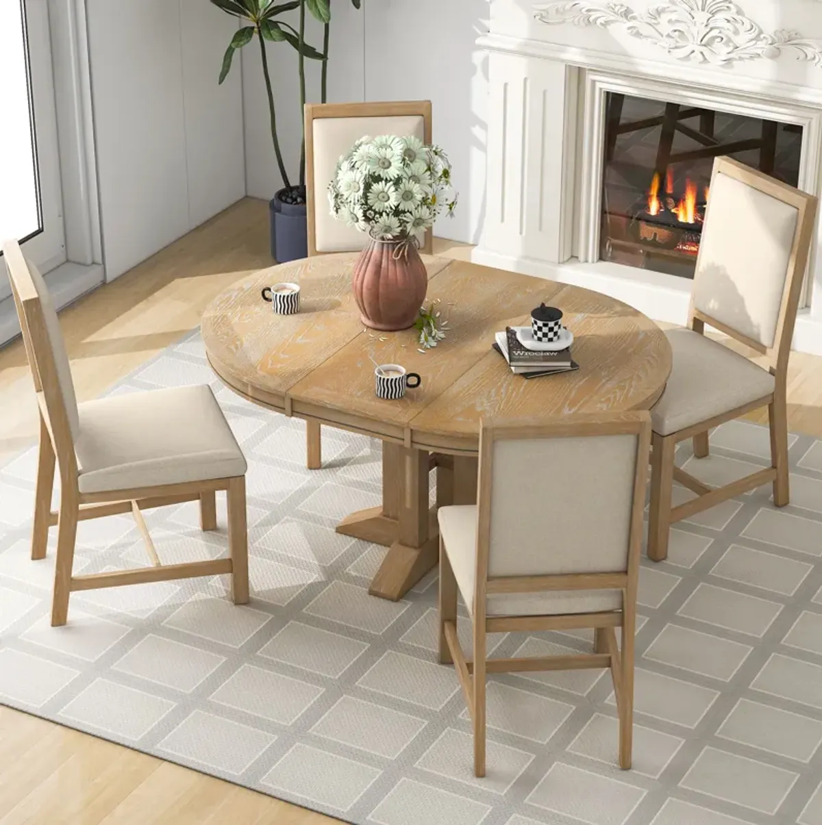 Merax 5-Piece Dining Set Extendable Round Table with Chairs