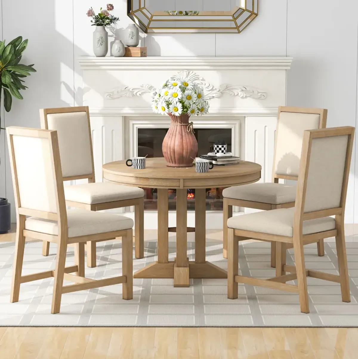 Merax 5-Piece Dining Set Extendable Round Table with Chairs