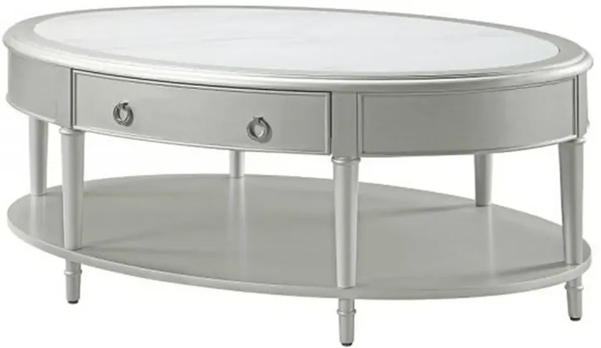 Kyna 50 Inch Coffee Table, Sintered Top, 1 Drawer, Classic Oval, Silver - Benzara