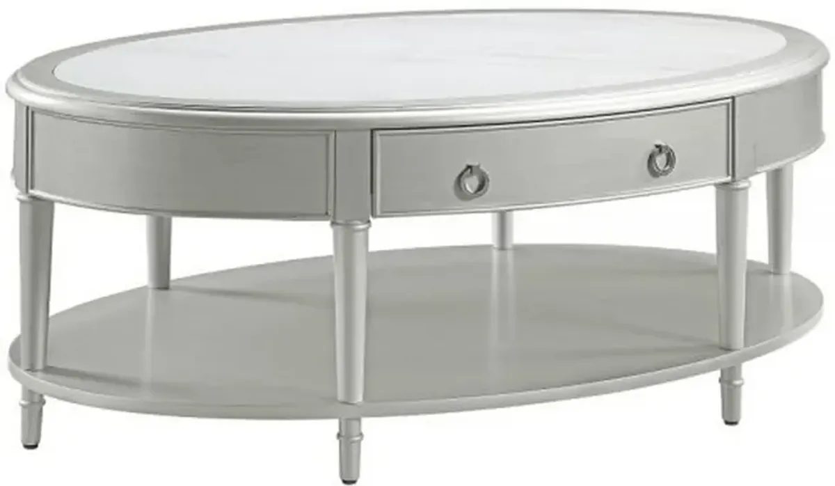 Kyna 50 Inch Coffee Table, Sintered Top, 1 Drawer, Classic Oval, Silver - Benzara