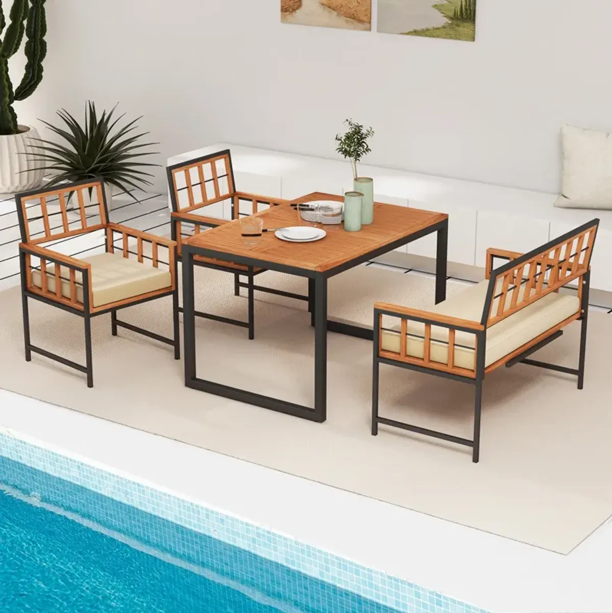 4 Pieces Acacia Wood Patio Dining Set with 1 Rectangular Table-Natural