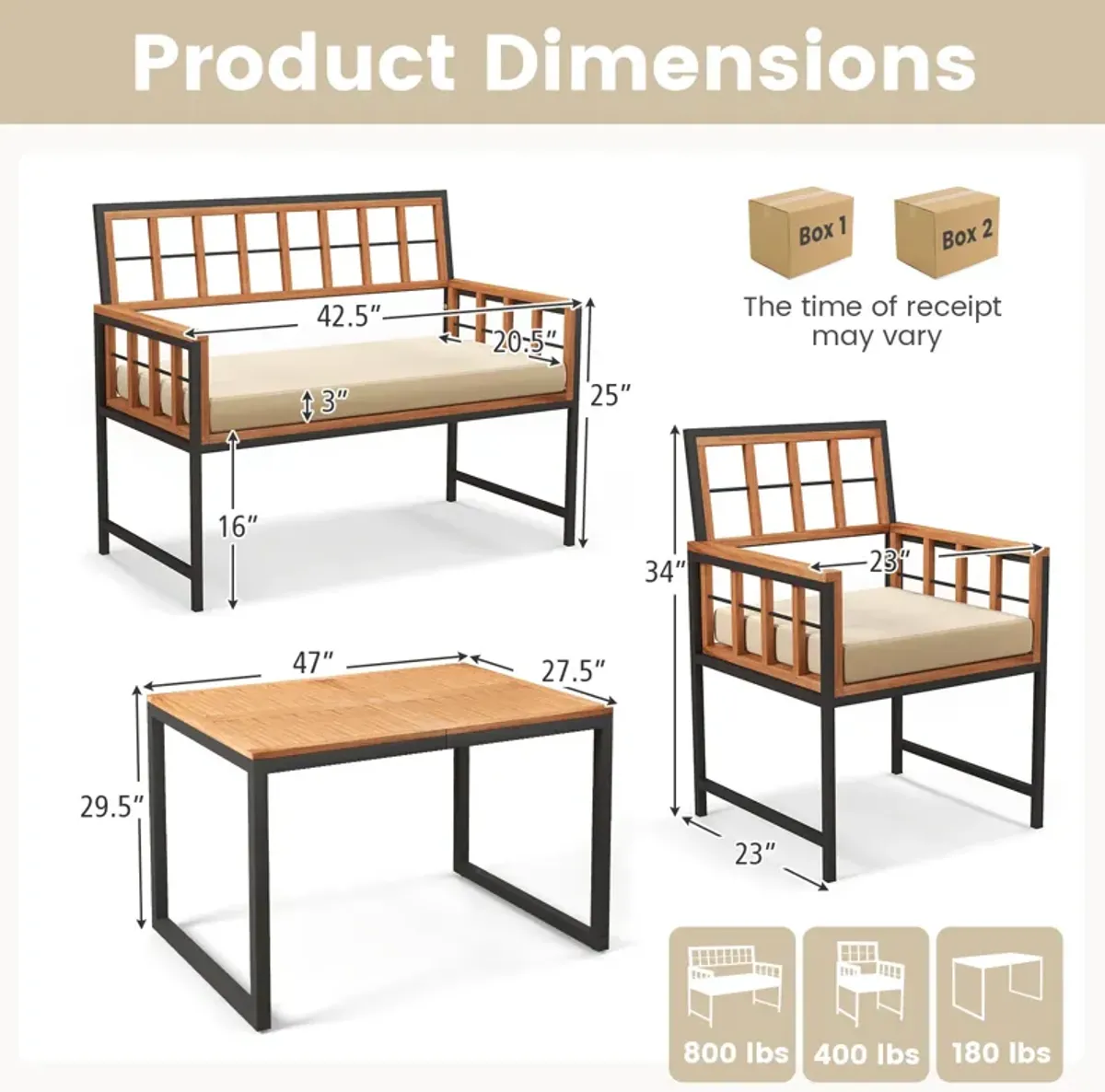 4 Pieces Acacia Wood Patio Dining Set with 1 Rectangular Table-Natural