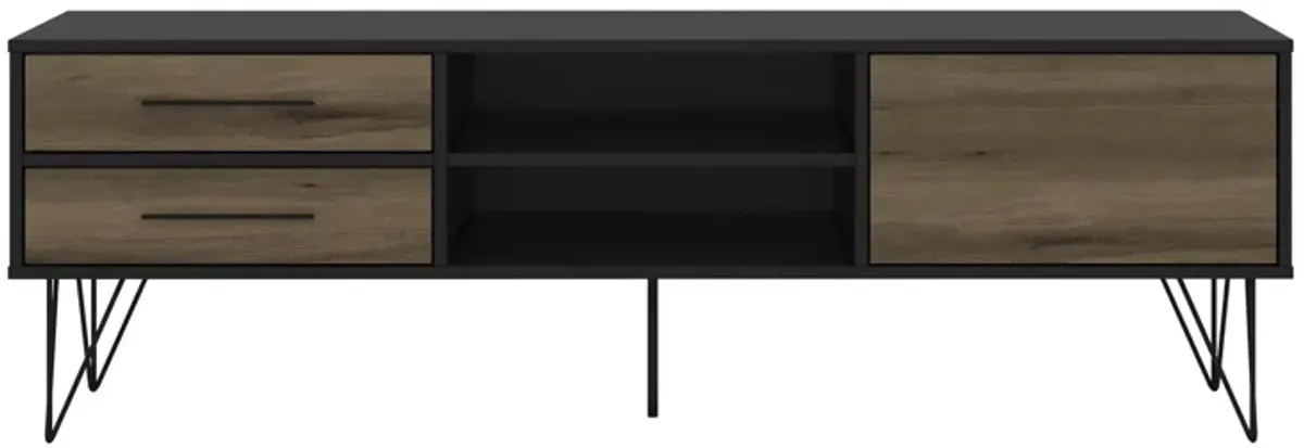 60 Inch Wood and Metal 1 Door TV Entertainment Stand with 2 Drawers, Brown and Black-Benzara