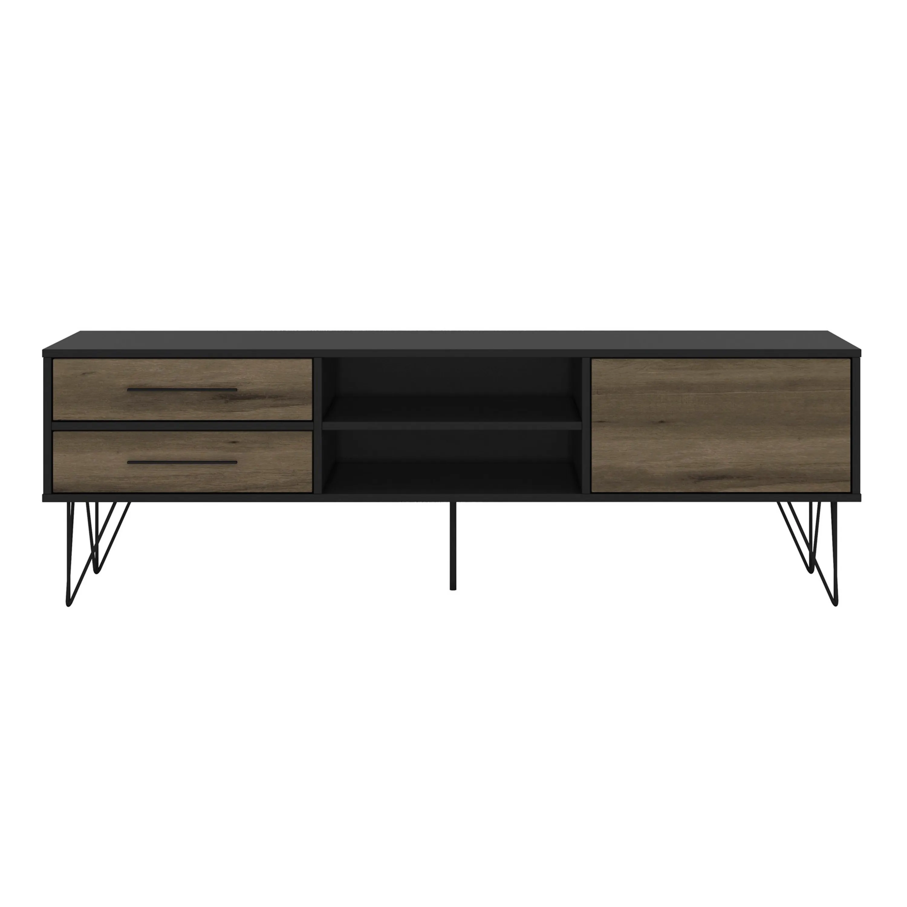 60 Inch Wood and Metal 1 Door TV Entertainment Stand with 2 Drawers, Brown and Black-Benzara