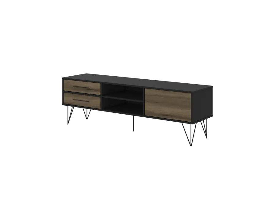 60 Inch Wood and Metal 1 Door TV Entertainment Stand with 2 Drawers, Brown and Black-Benzara