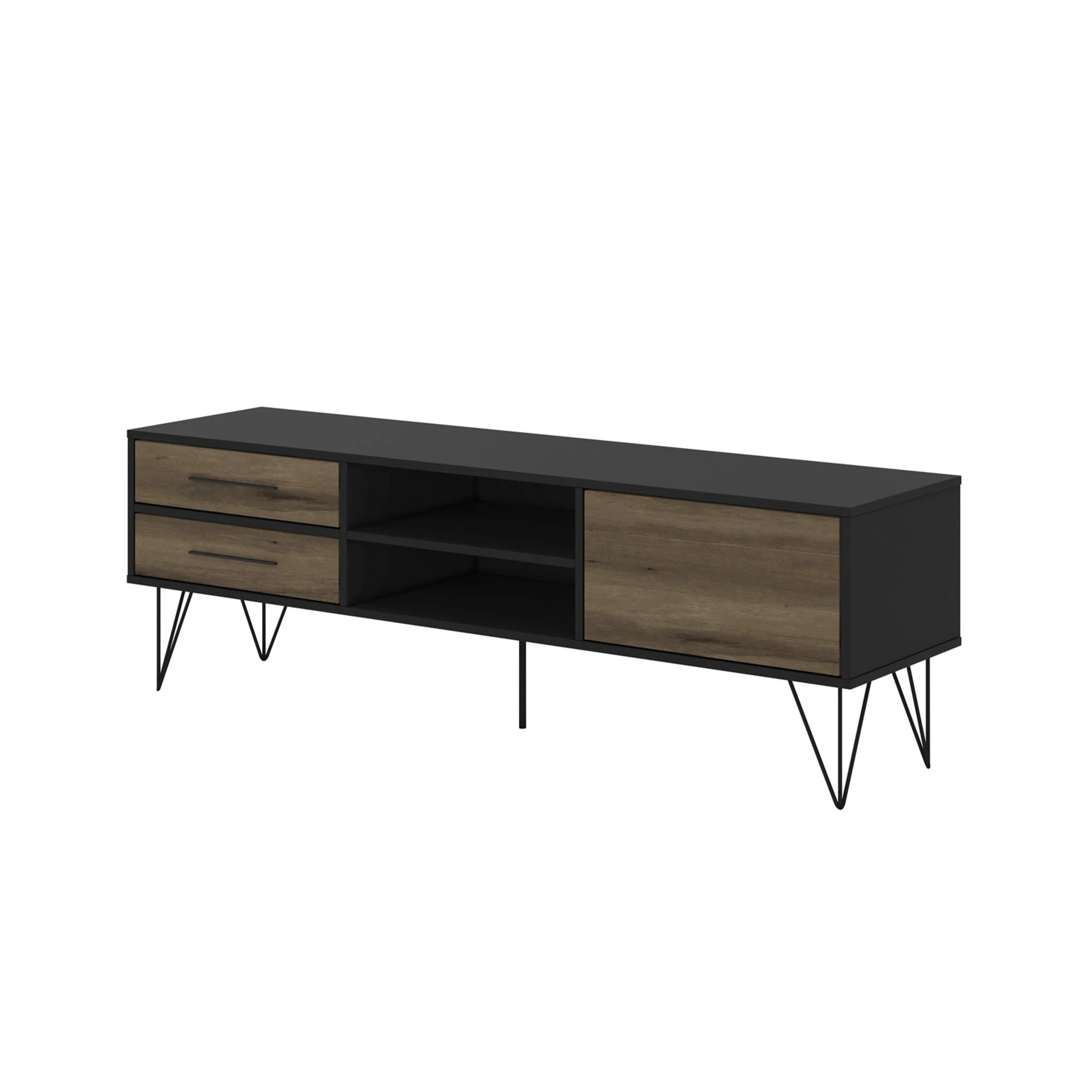 60 Inch Wood and Metal 1 Door TV Entertainment Stand with 2 Drawers, Brown and Black-Benzara