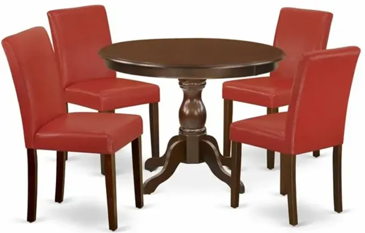 East West Furniture HBAB5-MAH-72 5 Piece Dining Room Table Set - Mahogany Small Dining Table and 4 Firebrick Red PU Leather Kitchen Chairs with High Back - Mahogany Finish