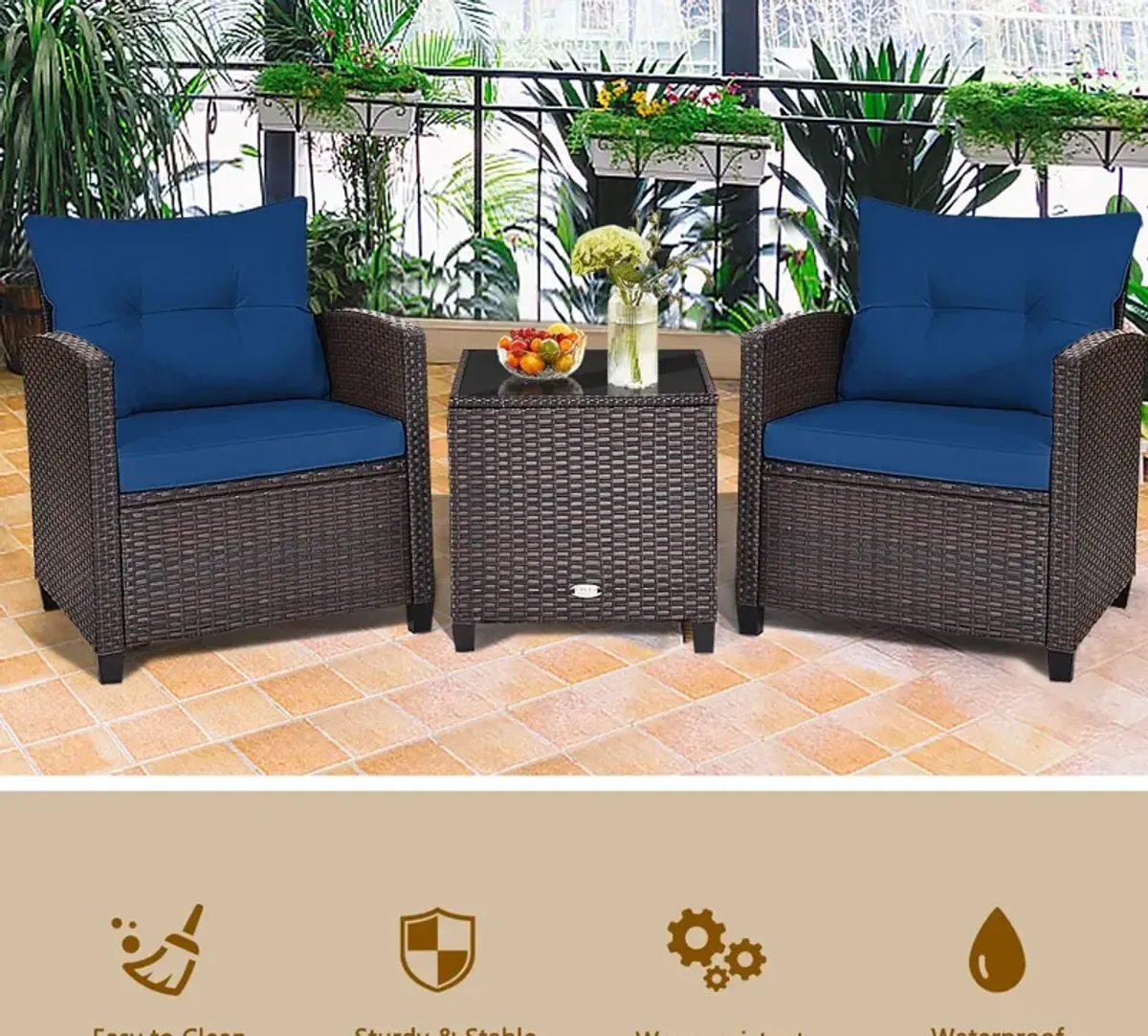 3 Pcs Patio Rattan Furniture Set Cushioned Conversation Set Coffee Table