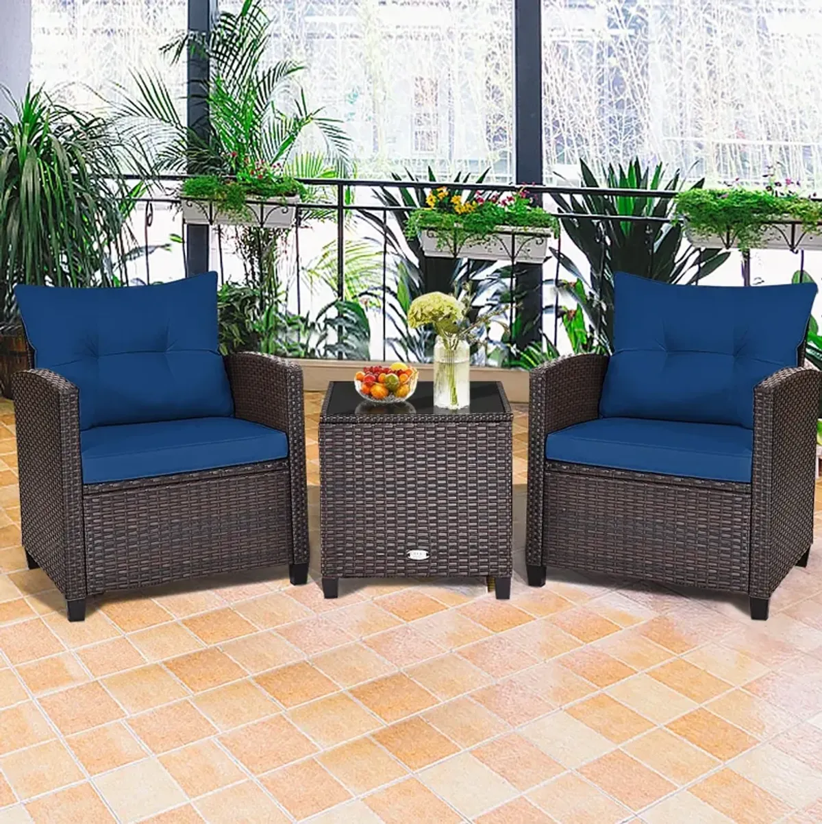 3 Pcs Patio Rattan Furniture Set Cushioned Conversation Set Coffee Table