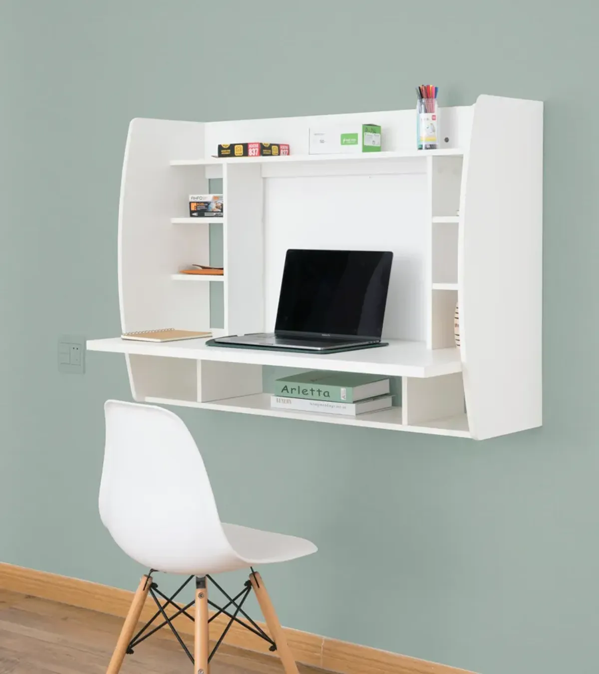 Wall Mount Laptop Office Desk with Shelves, Brown