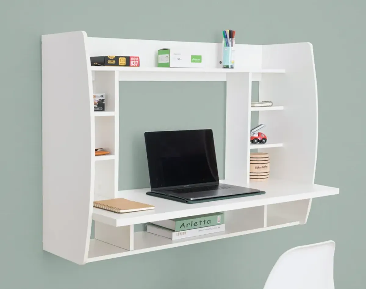 Wall Mount Laptop Office Desk with Shelves, Brown