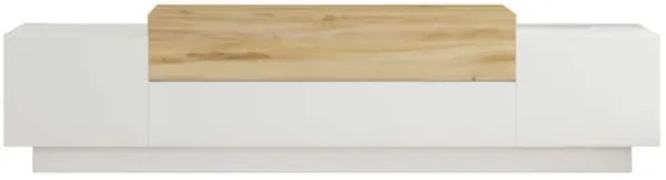 Belle 63 Inch Wooden TV Console Entertainment Media Center, 4 Drop Down Doors, White, Natural-Benzara