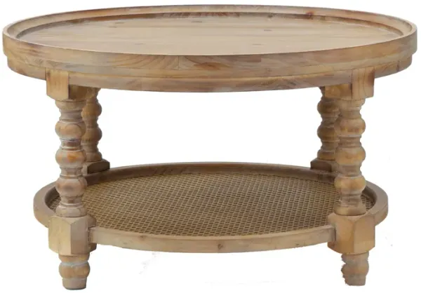 Jake 30 Inch Coffee Table, Fir Wood, Lower Tier Woven Wicker Shelf, Brown-Benzara