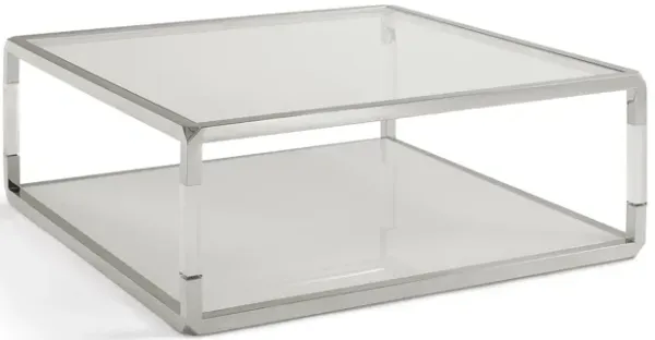 Benjara Jape 47 Inch Square Coffee Table, Glass, Stainless Steel, Clear Acrylic, White and Silver