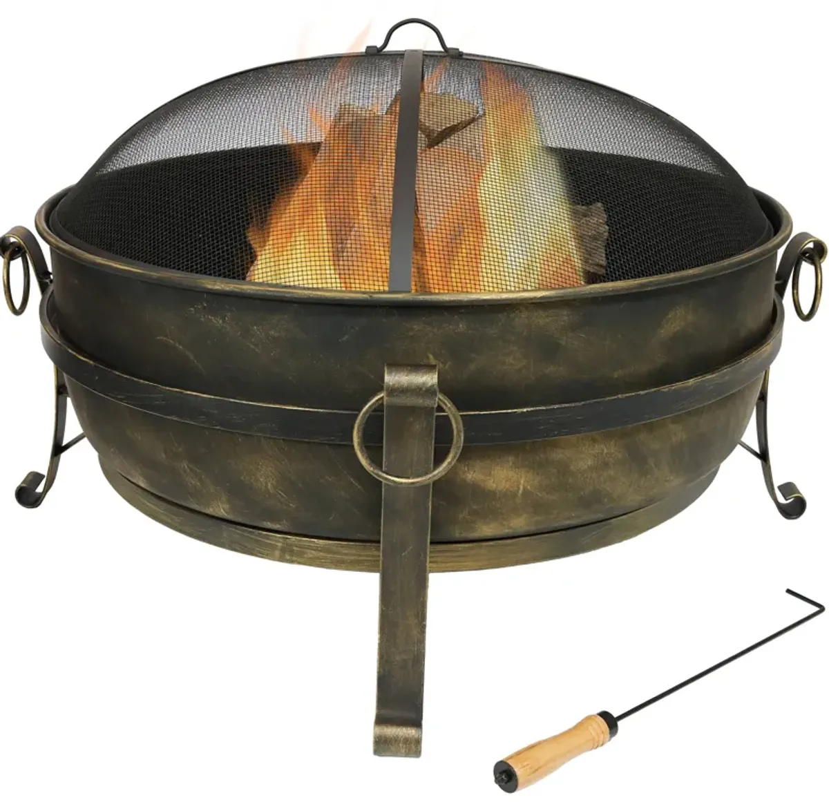 Sunnydaze Cauldron Steel Fire Pit with Spark Screen, Poker, and Grate