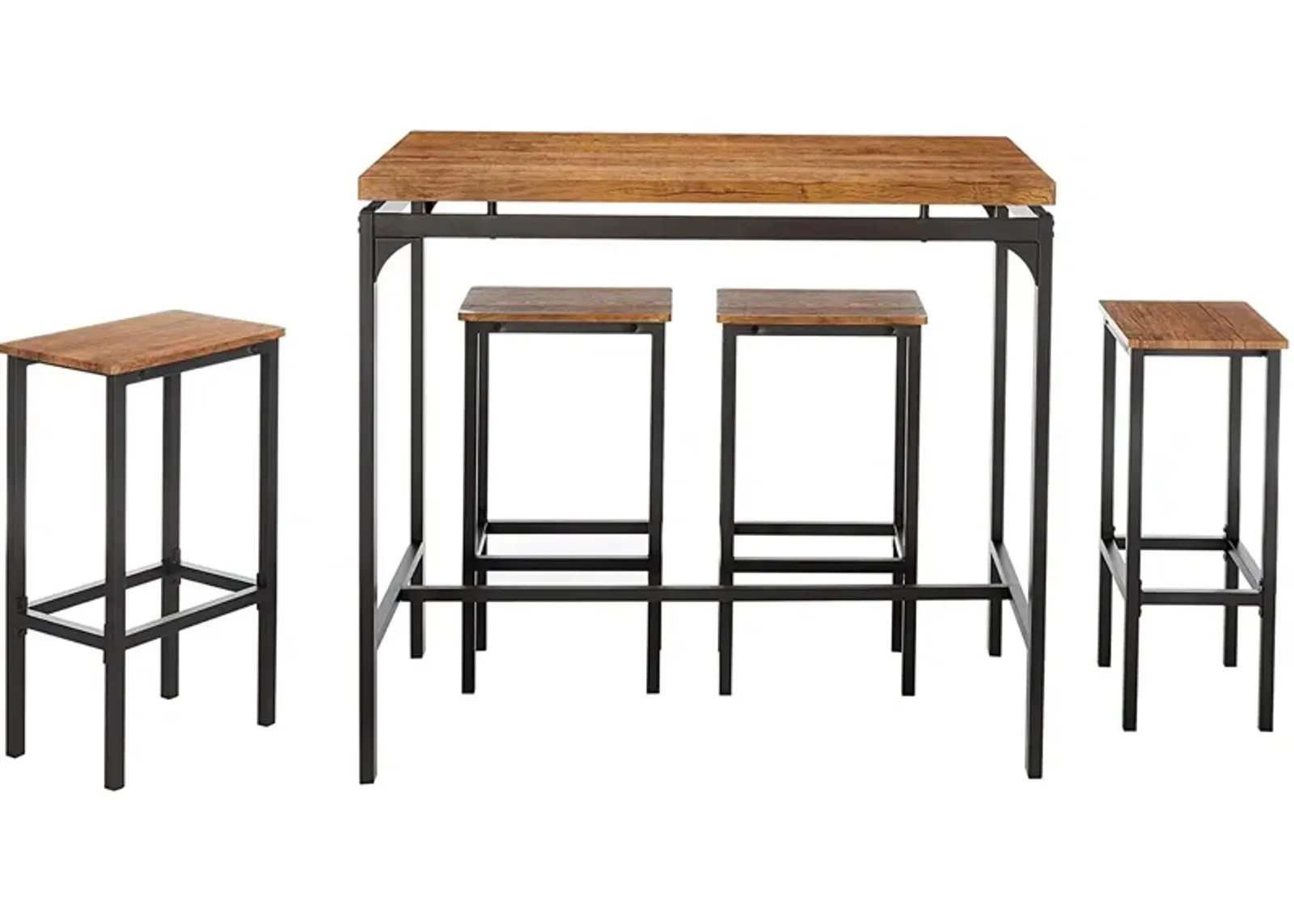 5 Piece Wooden Bar Table and Bar Stools with Metal Legs, Brown and Black - Benzara