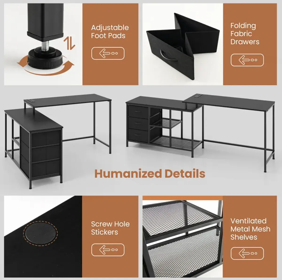 L-shaped Computer Desk with Power Outlet for Working Studying Gaming